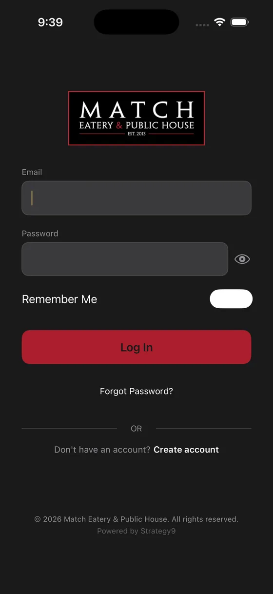 The Match Eatery & Public House app sign-in screen, in Match's own black and red branding.