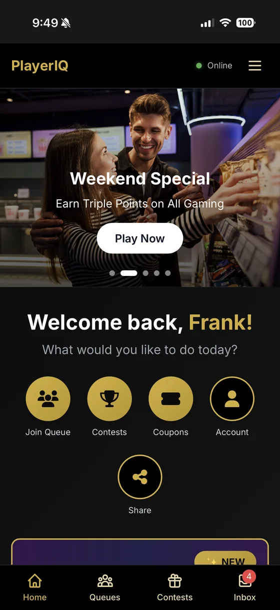 The PlayerIQ guest app home screen, showing a promotion banner and shortcuts to join a queue, enter contests, view coupons and open an account.
